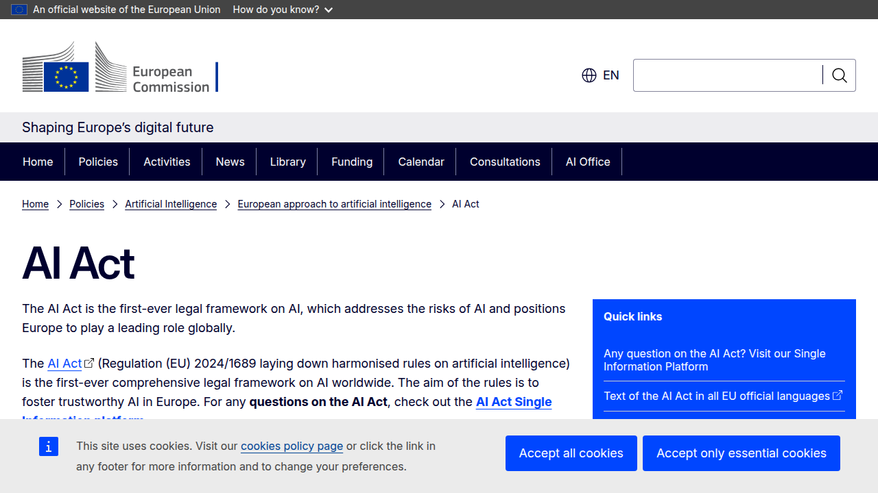 Screenshot of the European Commission's digital strategy page, detailing the regulatory framework for AI, including the EU AI Act.