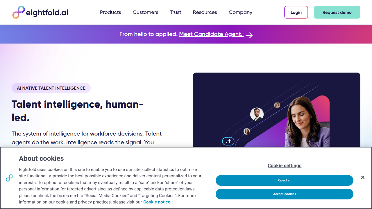 A screenshot of the Eightfold AI corporate homepage, illustrating their brand and mission in talent intelligence.
