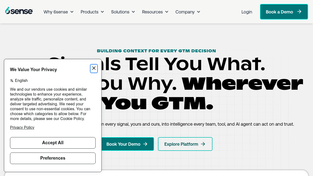 Screenshot of the 6sense website, a platform for market share and competitor insights in the talent marketplace.