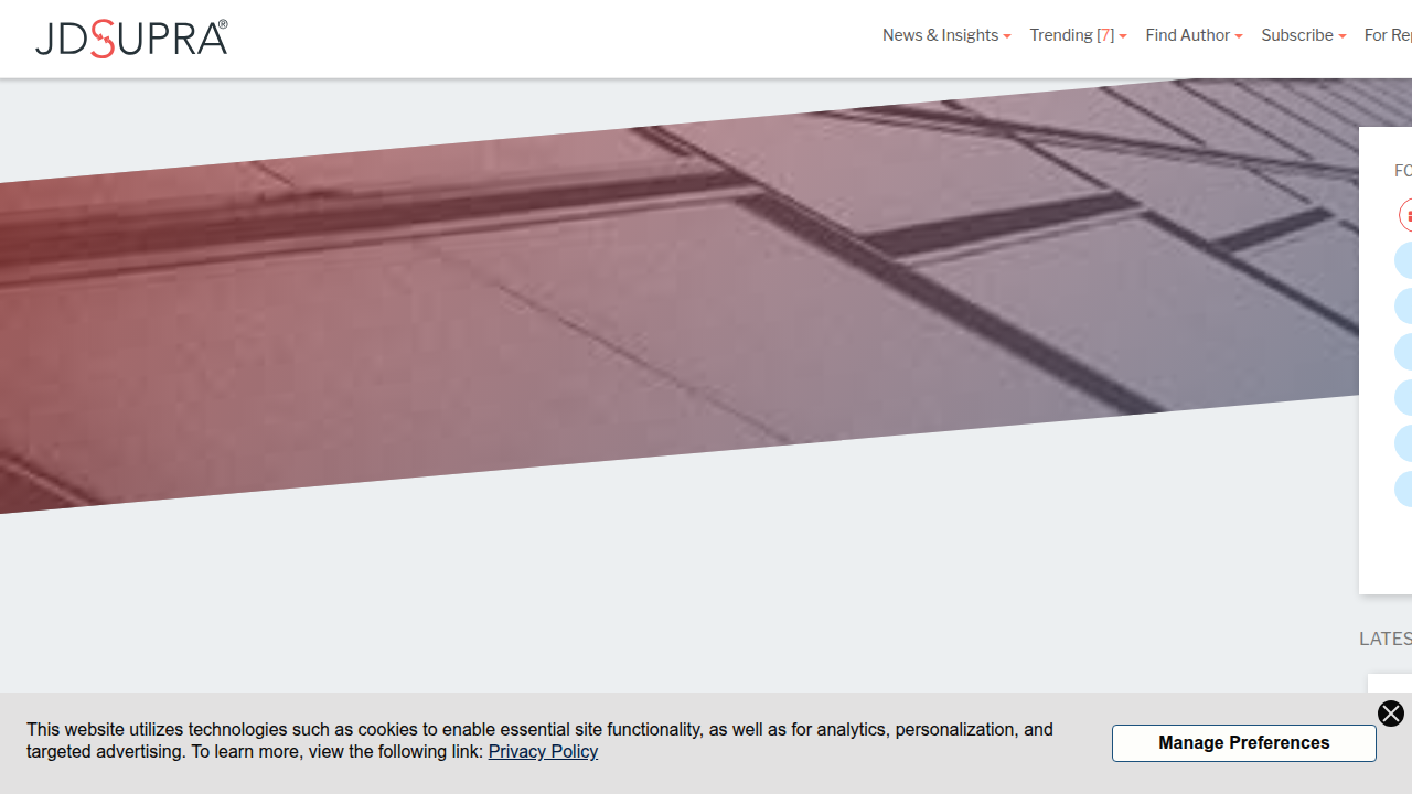 A screenshot of the JD Supra legal news website, a valuable source for updates on AI hiring laws and compliance risks.