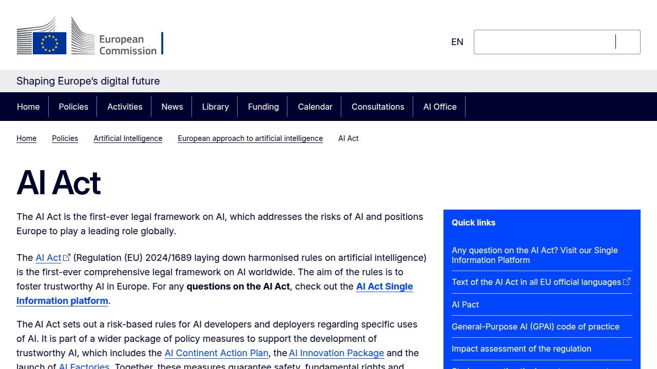 A screenshot of the European Union's official page detailing the AI Act, a pivotal regulation shaping the future of AI in Europe.