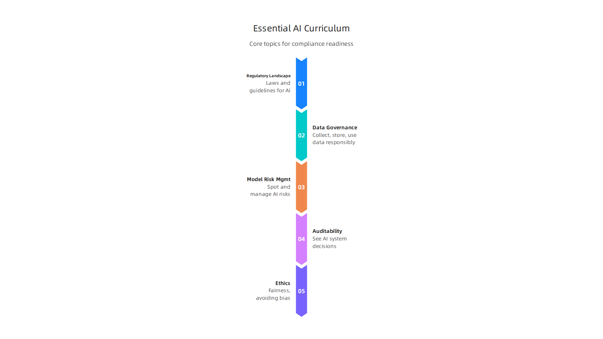 Key curriculum topics for an AI series include regulatory understanding, data governance, risk management, auditability, and ethical considerations.