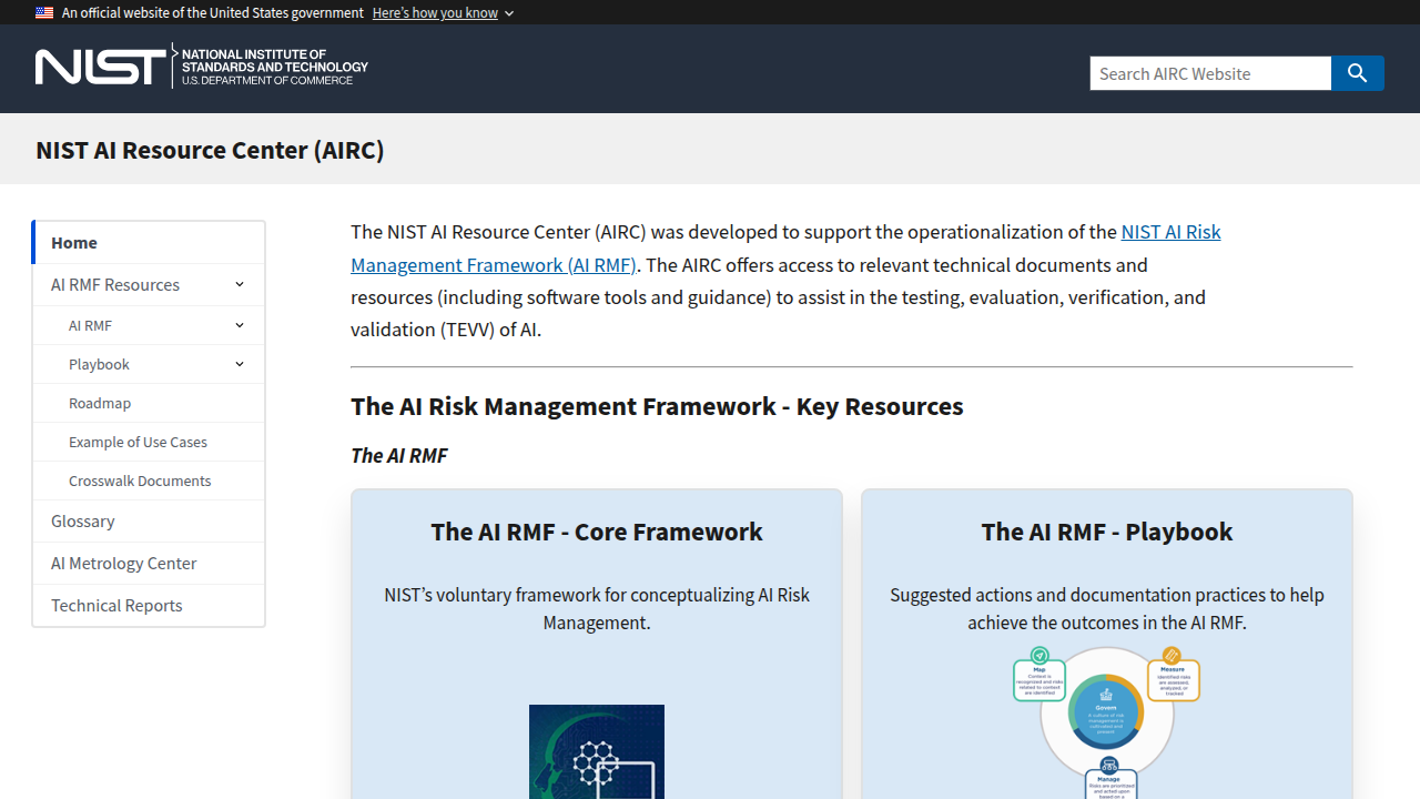 Screenshot of the NIST AI Resource Center, offering guidance on AI management and trustworthiness.