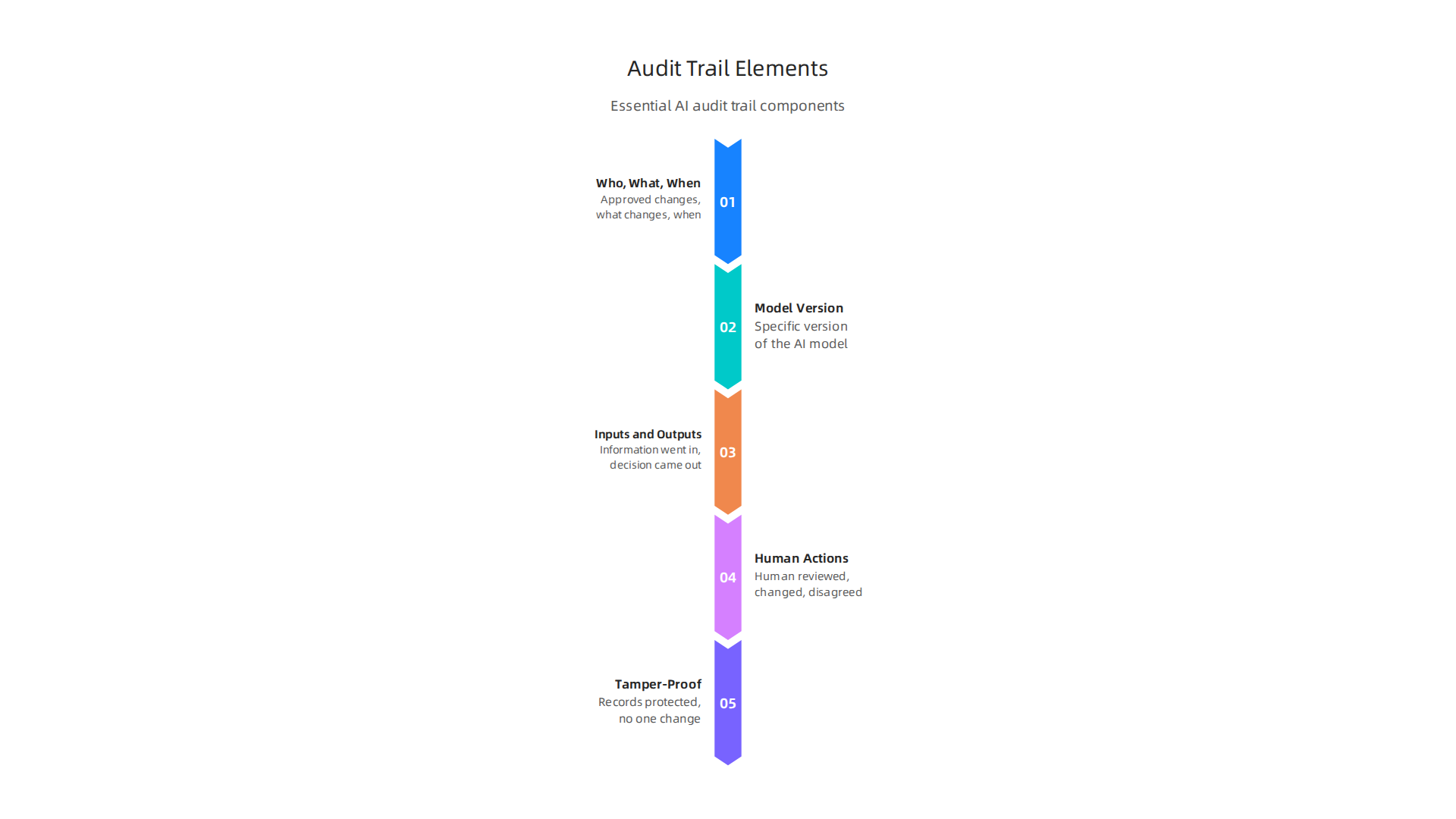 An infographic illustrating the essential components of a robust AI audit trail for credit AI systems, ensuring transparency and accountability.
