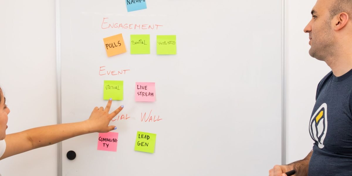 A team actively collaborating around a whiteboard, translating complex insights into actionable strategies.