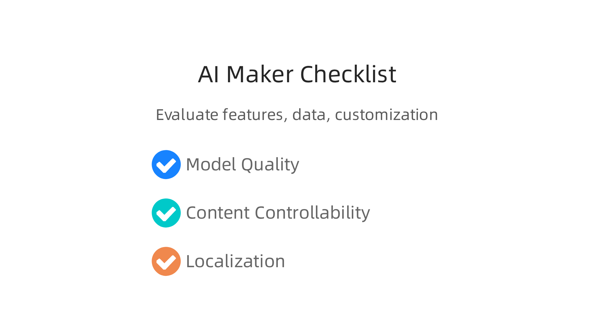A checklist for evaluating website AI maker tools based on quality, control, and localization features.